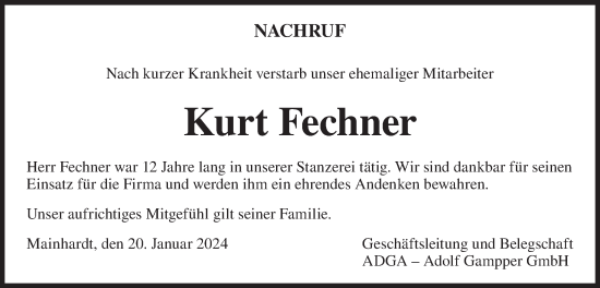 Traueranzeige von Kurt Fechner von Haller Tagblatt