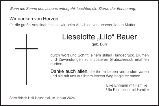 Traueranzeige von Lieselotte Bauer von Haller Tagblatt