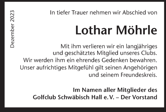 Traueranzeige von Lothar Möhrle von Haller Tagblatt