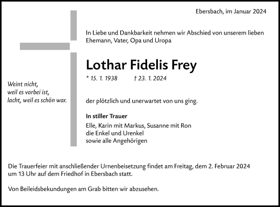 Traueranzeige von Lothar Fidelis Frey von NWZ Neue Württembergische Zeitung