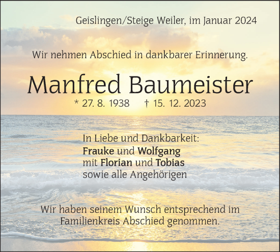 Traueranzeige von Manfred Baumeister von Geislinger Zeitung