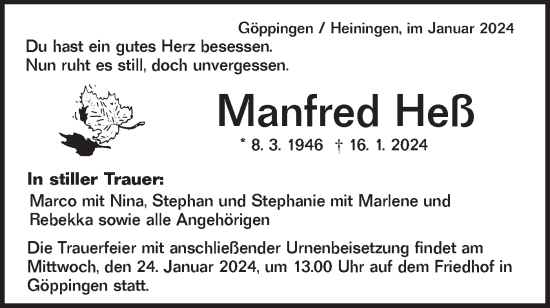 Traueranzeige von Manfred Heß von NWZ Neue Württembergische Zeitung