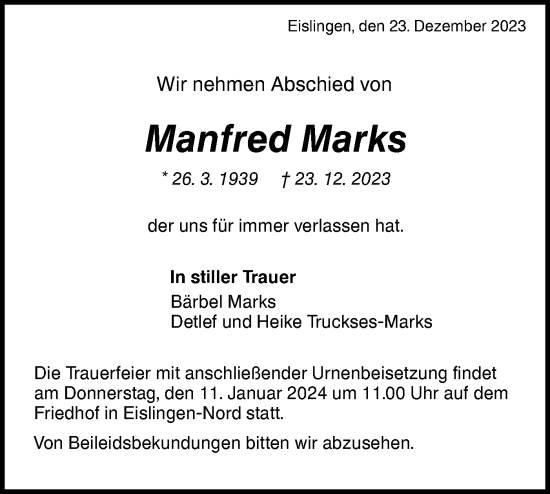 Traueranzeige von Manfred Marks von NWZ Neue Württembergische Zeitung