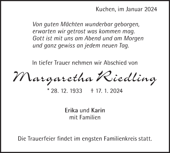 Traueranzeige von Margaretha Riedling von Geislinger Zeitung