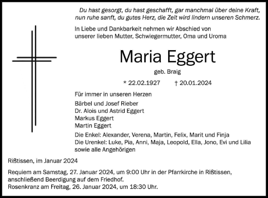 Traueranzeige von Maria Eggert von Ehinger Tagblatt