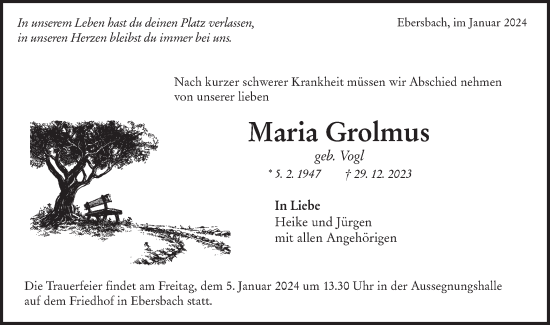 Traueranzeige von Maria Grolmus von NWZ Neue Württembergische Zeitung