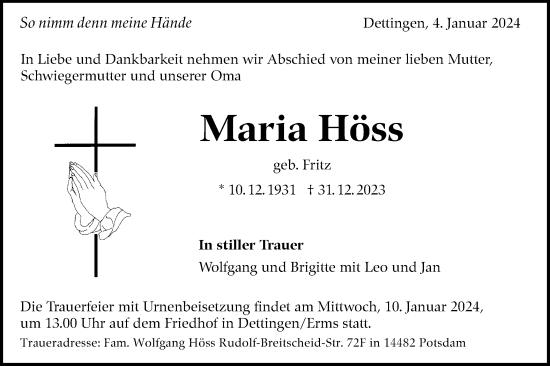 Traueranzeige von Maria Höss von SÜDWEST PRESSE/SÜDWEST PRESSE