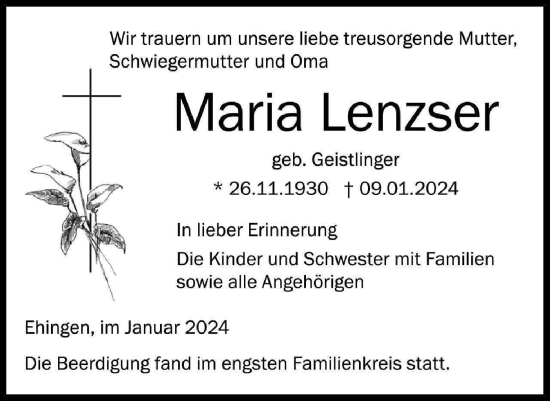 Traueranzeige von Maria Lenzser von Ehinger Tagblatt