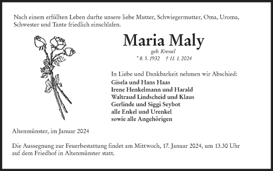 Traueranzeige von Maria Maly von Hohenloher Tagblatt