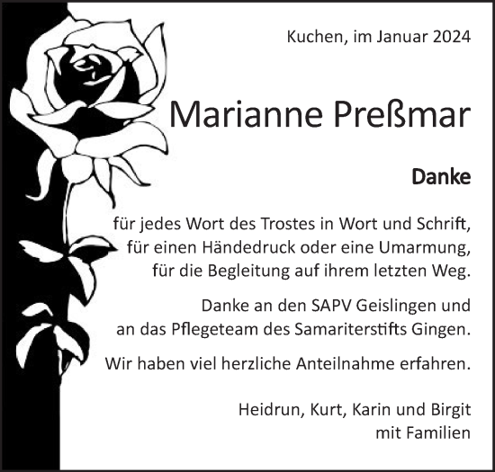 Traueranzeige von Marianne Preßmar von Geislinger Zeitung