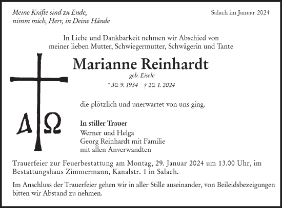 Traueranzeige von Marianne Reinhardt von NWZ Neue Württembergische Zeitung