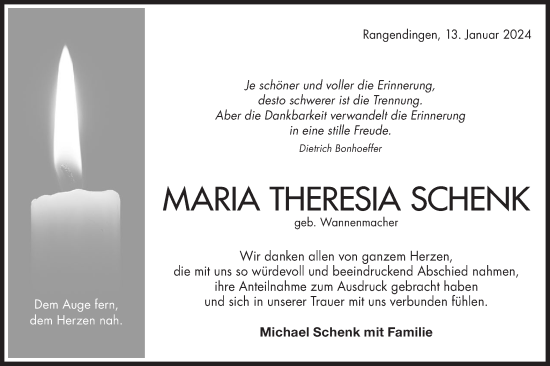 Traueranzeige von Maria Theresia Schenk von Hohenzollerische Zeitung