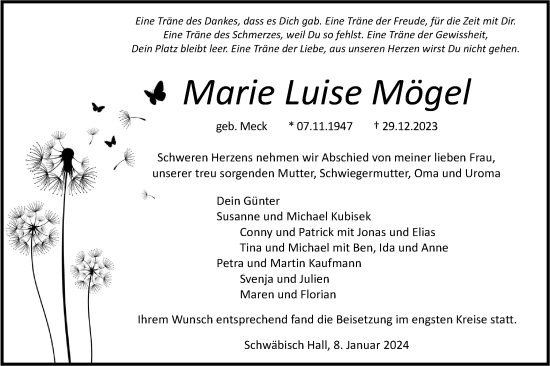 Traueranzeige von Marie Luise Mögel von Haller Tagblatt