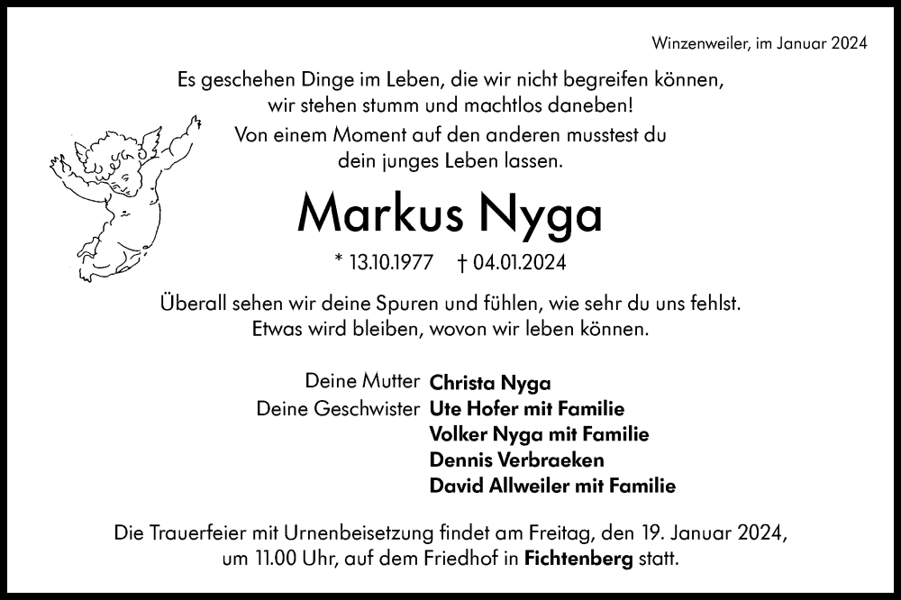  Traueranzeige für Markus Nyga vom 17.01.2024 aus Rundschau Gaildorf