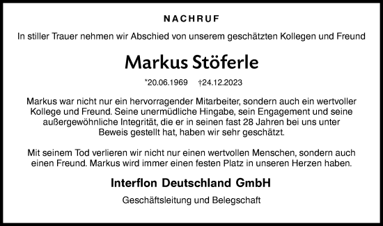 Traueranzeige von Markus Stöferle von SÜDWEST PRESSE