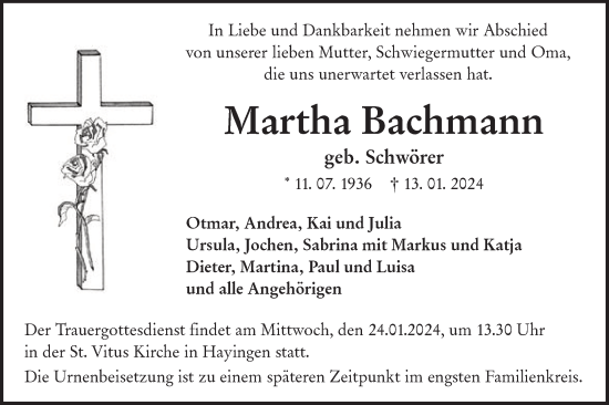 Traueranzeige von Martha Bachmann von Alb-Bote/Metzinger-Uracher Volksblatt