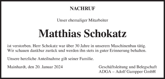 Traueranzeige von Matthias Schokatz von Haller Tagblatt