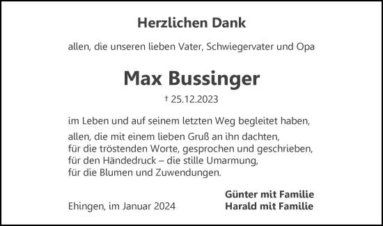 Traueranzeige von Max Bussinger von Ehinger Tagblatt