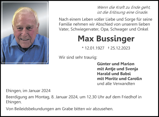 Traueranzeige von Max Bussinger von Ehinger Tagblatt