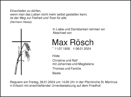 Traueranzeige von Max Rösch von SÜDWEST PRESSE Ausgabe Ulm/Neu-Ulm