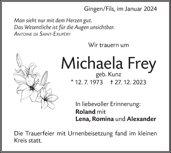 Traueranzeige von Michaela Frey von Geislinger Zeitung