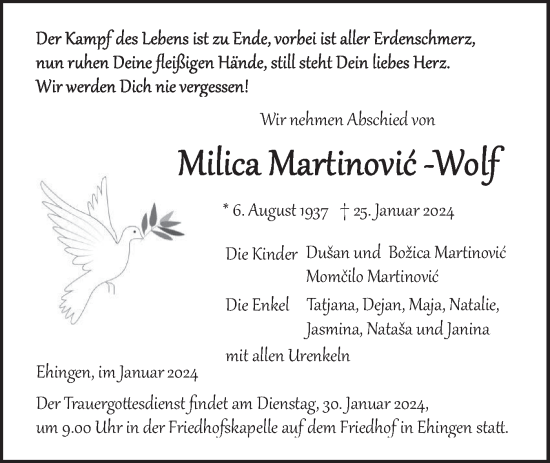 Traueranzeige von Milica Martinovic-Wolf von Ehinger Tagblatt