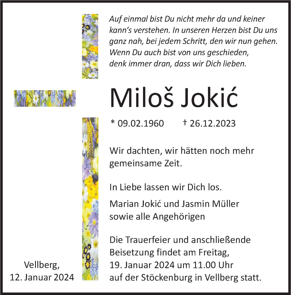  Traueranzeige für Milos Jokic vom 12.01.2024 aus Haller Tagblatt