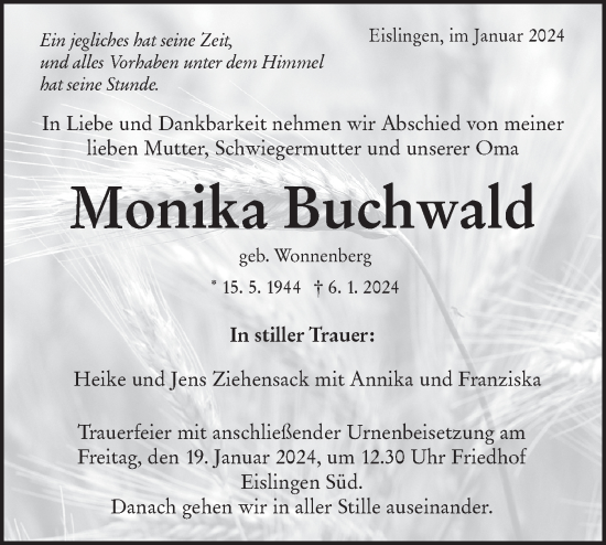 Traueranzeige von Monika Buchwald von NWZ Neue Württembergische Zeitung