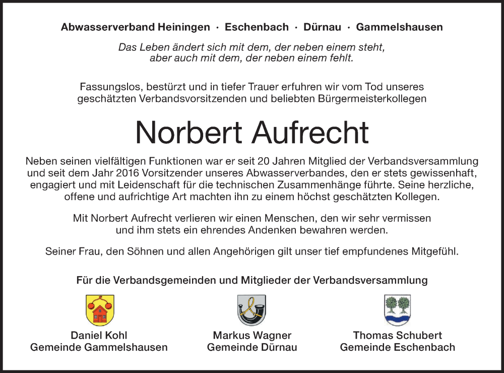  Traueranzeige für Norbert Aufrecht vom 20.01.2024 aus NWZ Neue Württembergische Zeitung/Geislinger Zeitung