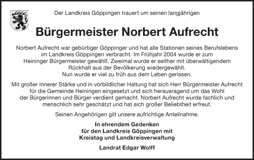  Traueranzeige für Norbert Aufrecht vom 20.01.2024 aus NWZ Neue Württembergische Zeitung/Geislinger Zeitung