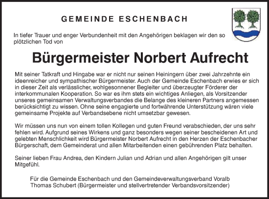 Traueranzeige von Norbert Aufrecht von NWZ Neue Württembergische Zeitung/Geislinger Zeitung