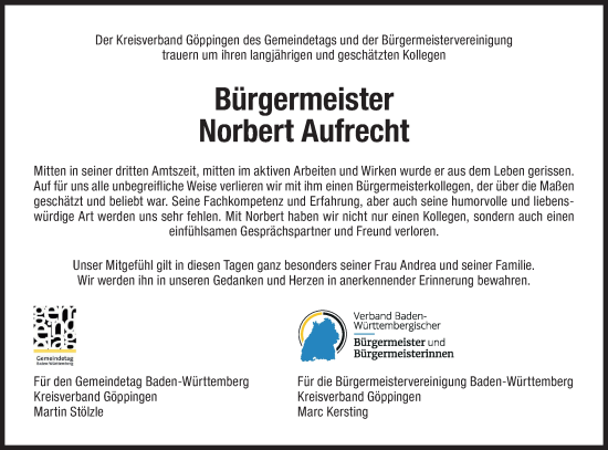 Traueranzeige von Norbert Aufrecht von NWZ Neue Württembergische Zeitung/Geislinger Zeitung