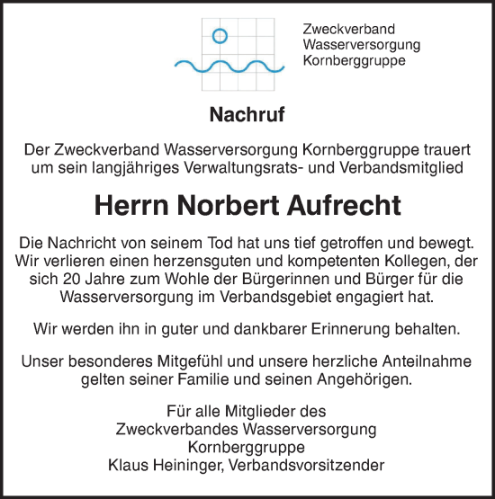 Traueranzeige von Norbert Aufrecht von NWZ Neue Württembergische Zeitung/Geislinger Zeitung