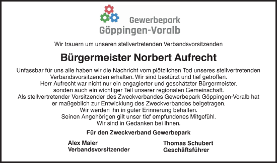 Traueranzeige von Norbert Aufrecht von NWZ Neue Württembergische Zeitung/Geislinger Zeitung