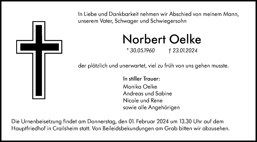  Traueranzeige für Norbert Oelke vom 29.01.2024 aus Hohenloher Tagblatt