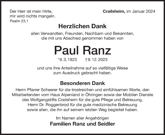 Traueranzeige von Paul Ranz von Hohenloher Tagblatt