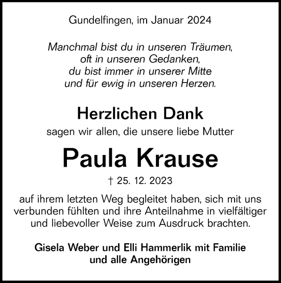 Traueranzeigen Von Paula Krause | Südwest Presse Trauer