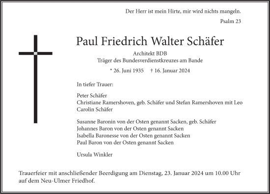 Traueranzeige von Paul Friedrich Walter Schäfer von SÜDWEST PRESSE Ausgabe Ulm/Neu-Ulm