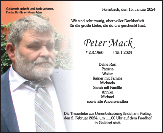 Traueranzeige von Peter Mack von Rundschau Gaildorf