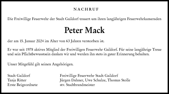 Traueranzeige von Peter Mack von Rundschau Gaildorf