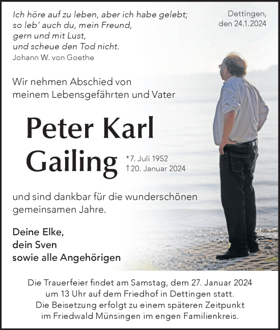 Traueranzeige von Peter Karl Gailing von SÜDWEST PRESSE/SÜDWEST PRESSE