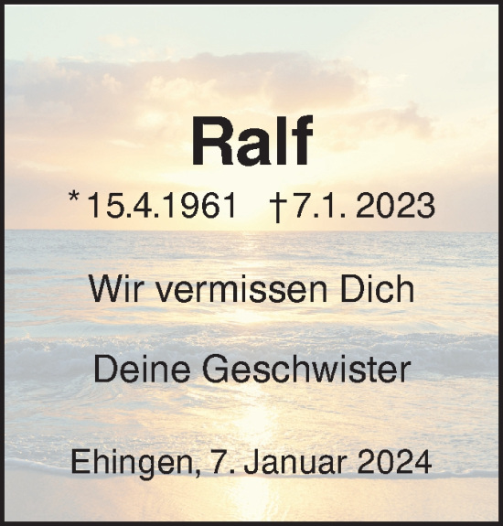 Traueranzeige von Ralf Zehl von Ehinger Tagblatt