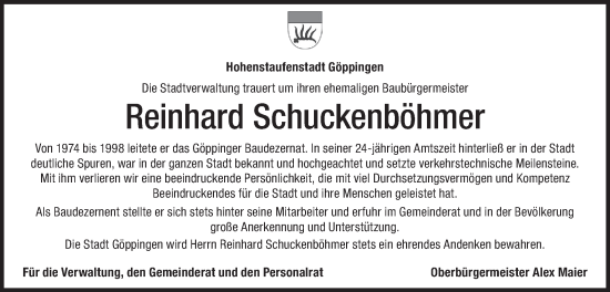 Traueranzeige von Reinhard Schuckenböhmer von NWZ Neue Württembergische Zeitung