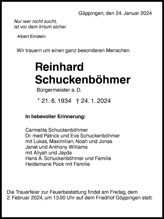 Traueranzeige von Reinhard Schuckenböhmer von NWZ Neue Württembergische Zeitung/Geislinger Zeitung