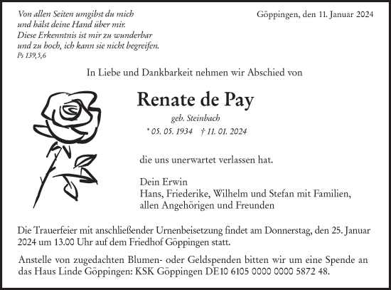 Traueranzeige von Renate de Pay von NWZ Neue Württembergische Zeitung