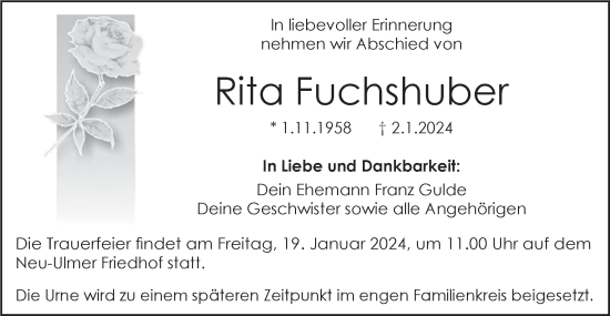 Traueranzeige von Rita Fuchshuber von SÜDWEST PRESSE Ausgabe Ulm/Neu-Ulm