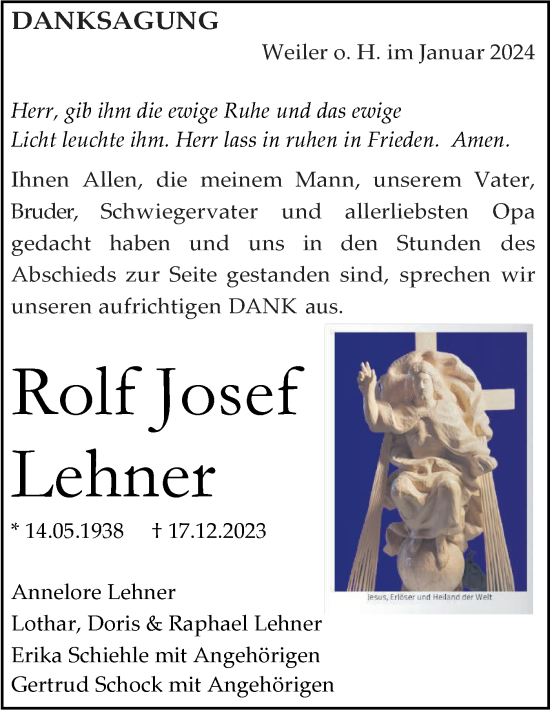 Traueranzeige von Rolf Josef Lehner von Geislinger Zeitung