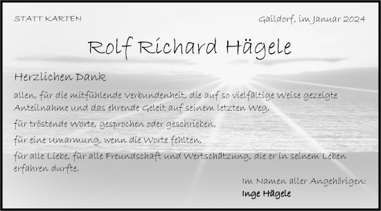 Traueranzeige von Rolf Richard Hägele von Rundschau Gaildorf