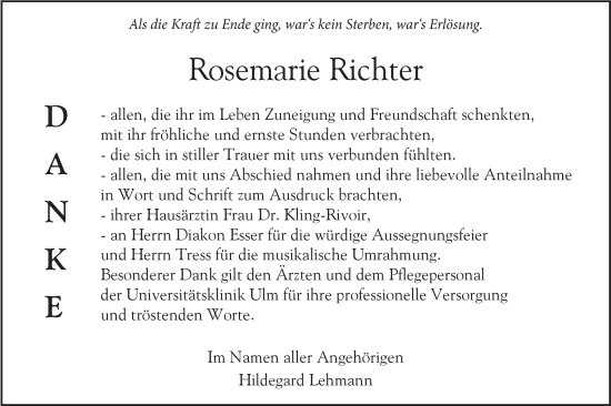 Traueranzeige von Rosemarie Richter von SÜDWEST PRESSE Ausgabe Ulm/Neu-Ulm