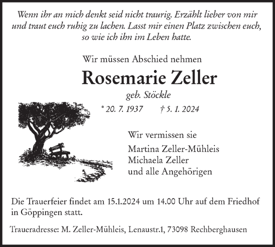 Traueranzeige von Rosemarie Zeller von NWZ Neue Württembergische Zeitung